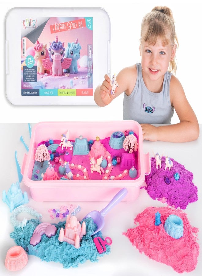 Kipipol Unicorn Sensory Bin for Toddlers 3-4, 5-7 Magic Sand Art Kit w Sandbox, 2.4 LB of Sensory Sand, 10 Sand Toys, 4 Unicorn Toys for Girls Age 4-6, 6-8 Christmas & Birthday Gifts for Girls - Image 1